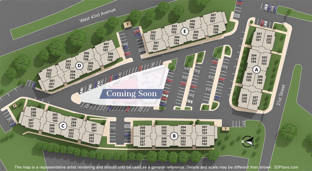 a site plan of a parking lot with a coming soon sign