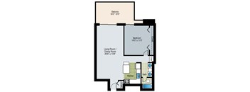 A floor plan of a house with a living room, dining room, kitchen, bathroom, and balcony.
