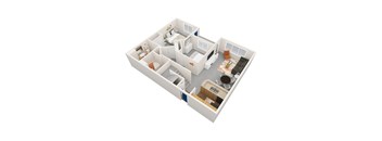 A 3D image of a house layout with a kitchen, living room, and two bedrooms.