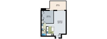 A floor plan of a house with a balcony, bathroom, kitchen, and living room.