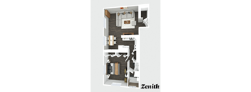 A 3D rendered image of a house layout with the name "Zenith" on the bottom right.