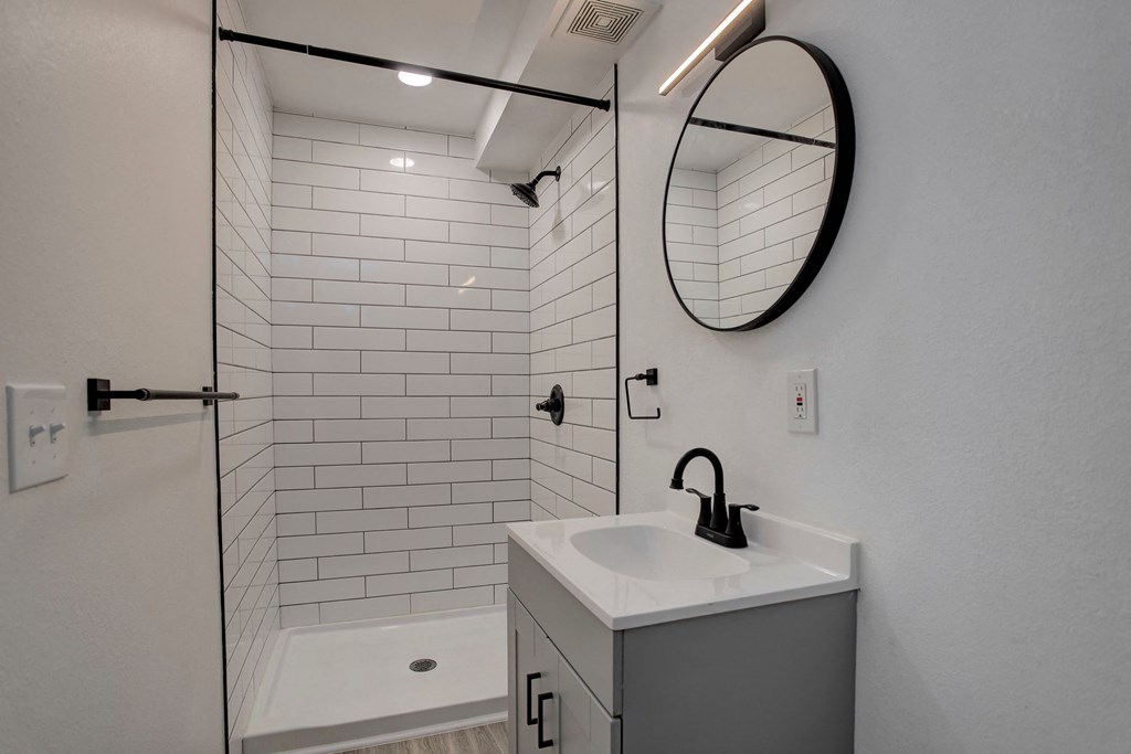 a bathroom with a sink and a shower and a mirror