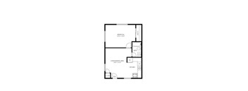 A floor plan of a small apartment with a bedroom, living/dining area, kitchen, bath, and closet.