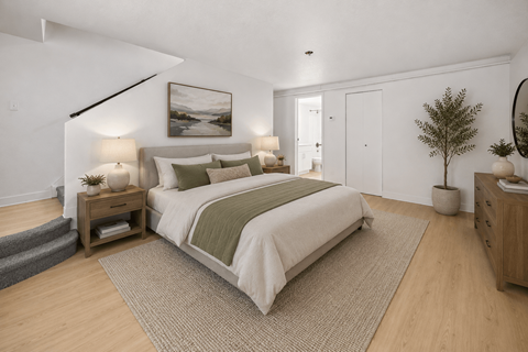 A bedroom with a large bed and a painting on the wall.