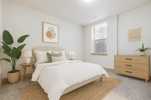 A bedroom with a large bed, a side table with a lamp, and a dresser with a plant on top.