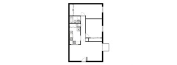 A floor plan of a house with a kitchen, living room, and two bedrooms.