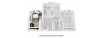 A white floor plan of a small apartment with a kitchen, living room, and bathroom.