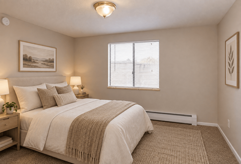 A bedroom with a large bed and a window with blinds.