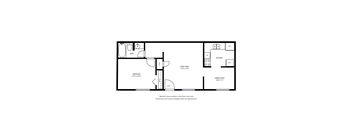A floor plan of a small apartment with a living area, a kitchen, a bathroom, and a bedroom.