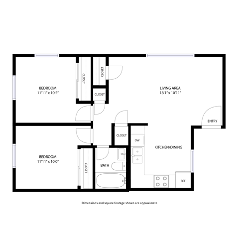 A floor plan of a house with two bedrooms, a living area, a kitchen/dining area, a bathroom, and a laundry room.