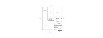 A diagram of a house layout with dimensions and square footage approximated.