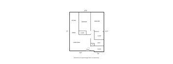 A diagram of a house layout with labeled rooms and dimensions.