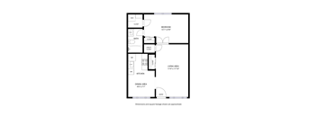 A floor plan of a house with a bedroom, a kitchen, a dining area, and a living area.