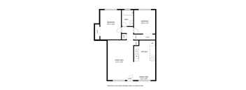 A floor plan of a house with two bedrooms, a bathroom, a kitchen, a living area, and a dining area.