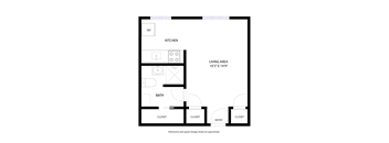 A floor plan of a small apartment with a kitchen, bathroom, and living area.