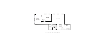 A floor plan of a house with a living area, dining area, two bedrooms, a bathroom, a kitchen, an entry, and a laundry room.