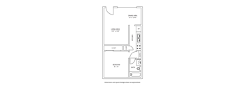 A floor plan of a small apartment with a kitchen, living room, and bedroom.