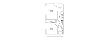 A drawing of a house floor plan with a dining area, living area, kitchen, closet, bedroom and bath.