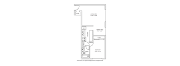 A drawing of a house layout with a living area, dining area, kitchen, bath, and bedroom.