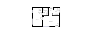A black and white image of a floor plan for a small apartment.