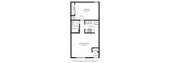 A floor plan of a small apartment with a bedroom, living/dining area, kitchen, and bathroom.