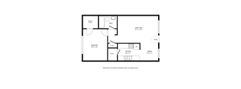 A floor plan of a house with a living area, bedroom, kitchen, pantry, and dining area.