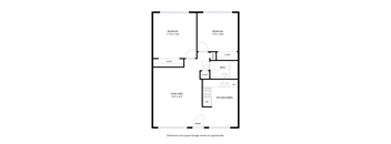 A floor plan of a house with two bedrooms, a living area, kitchen, dining area and bathroom.