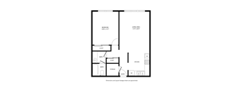 A floor plan of a house with a bedroom, living area, kitchen, bathroom, and storage.