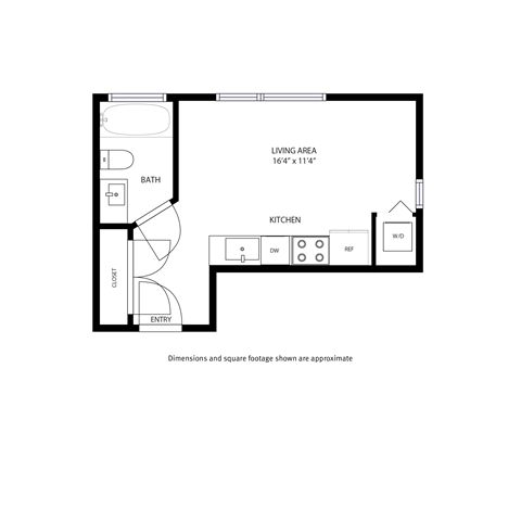 A floor plan of a small apartment with a living area, kitchen, bathroom, and entry.