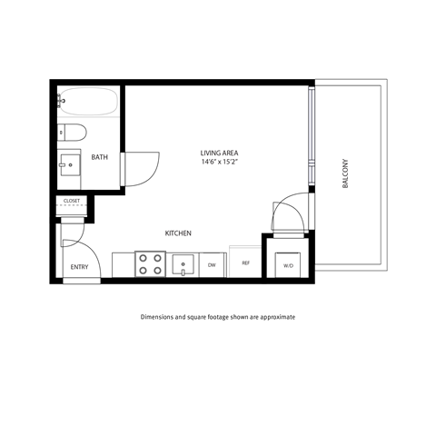 A floor plan of a small apartment with a living area, kitchen, and bath.