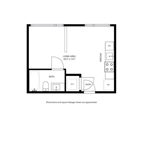 A floor plan of a small apartment with a living area, bathroom, kitchen, entry and a small bedroom.