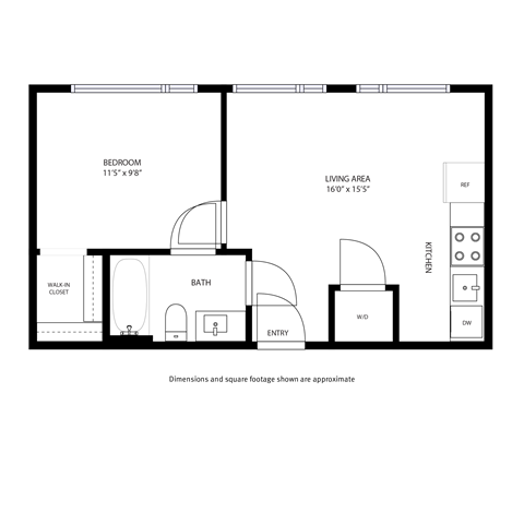A floor plan of a small apartment with a bedroom, bathroom, and living area.