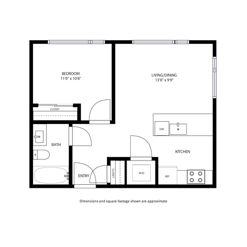 A floor plan of a small apartment with a bedroom, living/dining area, kitchen, bathroom, and entry.