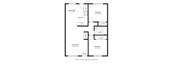 A black and white image of a floor plan for a home with a dining area, kitchen, living area, and two bedrooms.