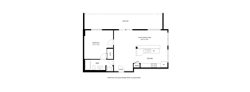 A floor plan of a house with a balcony, living/dining area, kitchen, bath, bedroom, pantry, and entry.