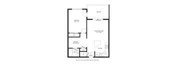A black and white floor plan of a house with a balcony, bedroom, living/dining area, kitchen, bathroom, hallway, office nook, closet, entry, and a reference to a dining table.