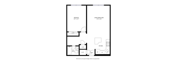 A black and white floor plan of a small apartment with a bedroom, living/dining area, kitchen, bathroom, entry, and closets.