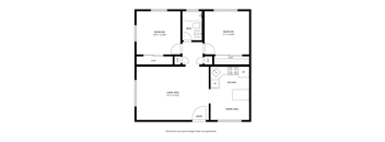 A floor plan of a house with two bedrooms, a living area, a dining area, a kitchen, a bathroom, and two closets.