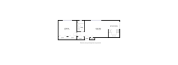 A floor plan of a house with a bedroom, bathroom, living area, kitchen/dining area, and closets.