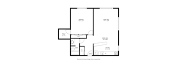 A floor plan of a house with a bedroom, living area, kitchen, dining area, bath, and closet.