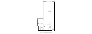 A floor plan of a living area with a kitchen, bathroom, and closets.