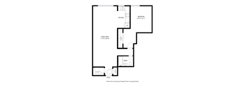 A floor plan of a home with a living area, kitchen, bathroom, and bedroom.