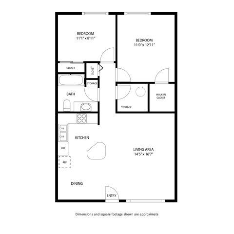 A floor plan of a house with two bedrooms, a living area, a kitchen, a dining area, a bathroom, a closet, a storage area, and a dishwasher.