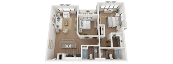 A 3D floor plan of a two-bedroom apartment with dimensions and furniture layout.