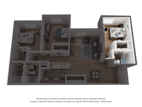 a stylized floor plan of a 2100 sq ft apartment