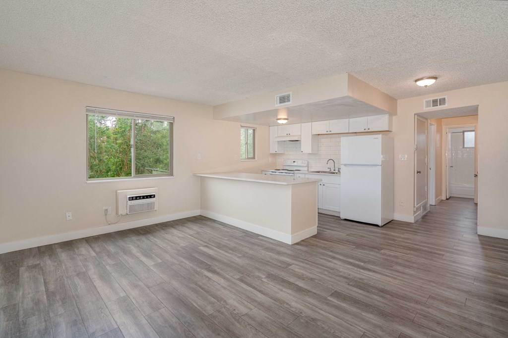 the living room and kitchen of an empty apartment