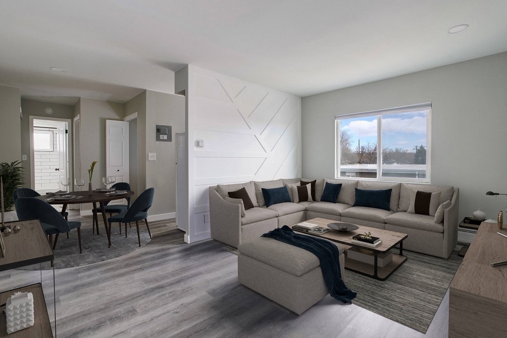 a living room with a couch and a table