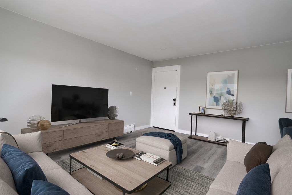 a living room with a couch and a coffee table and a television