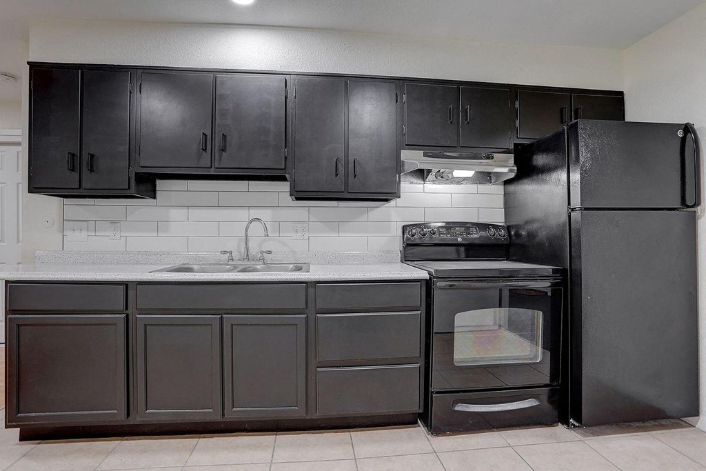a kitchen with black cabinets and a refrigerator and a sink