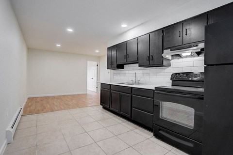 a kitchen with black cabinets and black appliances
